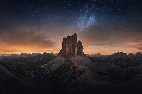 Góry, Dolomity, Włochy, Noc, Gwiazdy, Zachód słońca, Tre Cime di Lavaredo, Tapety HD HD wallpaper
