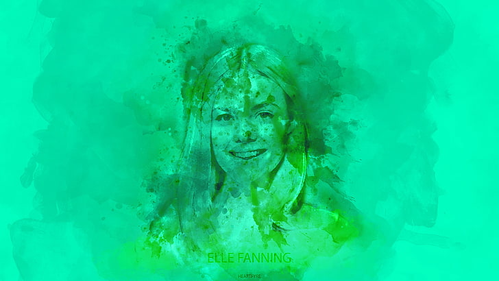 acquerello, Elle Fanning, verde, turchese, ritratto, sfondo verde, Sfondo HD