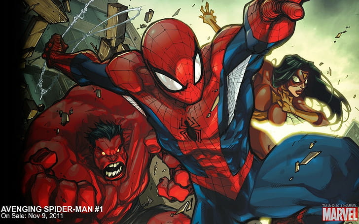 pembalasan dendam pria laba-laba hulk merah wanita laba-laba marvel comics spiderman spiderwoman kartun, Wallpaper HD