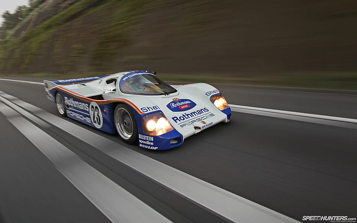 Porsche Race Car 962C Motion Blur HD, biało-niebieski samochód wyścigowy Rothmana, samochody, samochód, wyścig, rozmycie, ruch, porsche, 962c, Tapety HD