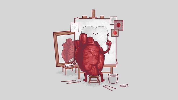 human heart artwork, humor, digital art, heart, threadless, triple self portrait, artwork, simple background, HD wallpaper