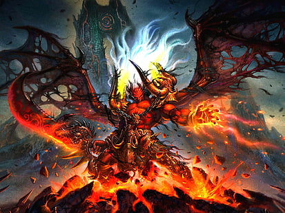 человек с крыльями обои, демон, ад, фэнтези арт, темная фантазия, крылья, огонь, HD обои HD wallpaper