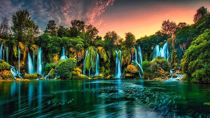 водопад, природа, воды, Тропический, закат солнца, Теплые тона, теплый свет, Деревьями, на открытом воздухе, пейзаж, фотография, Босния, Босния и Герцеговина, Водопад Кравица, HD обои