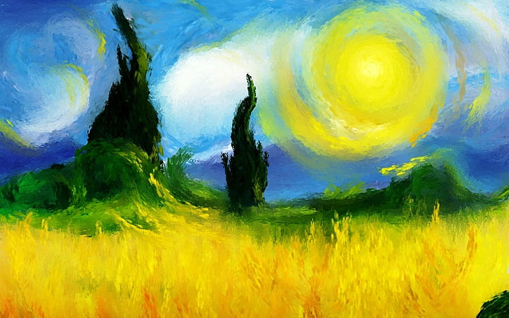 clouds, fields, Impressionist, nature, painting, paintings, sun, Trees, HD wallpaper