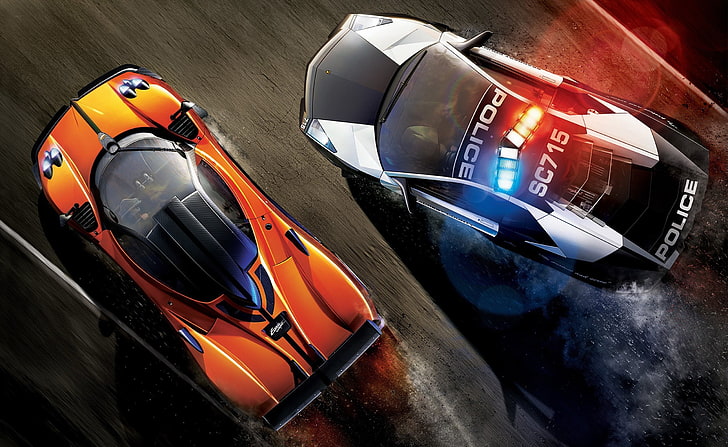 High Speed Chase, two orange and gray cars wallpaper, Games, Need For Speed, high speed chase, chased by police, supercar, nfs hot pursuit, 2010 nfs hot pursuit, need for speed hot pursuit, HD wallpaper