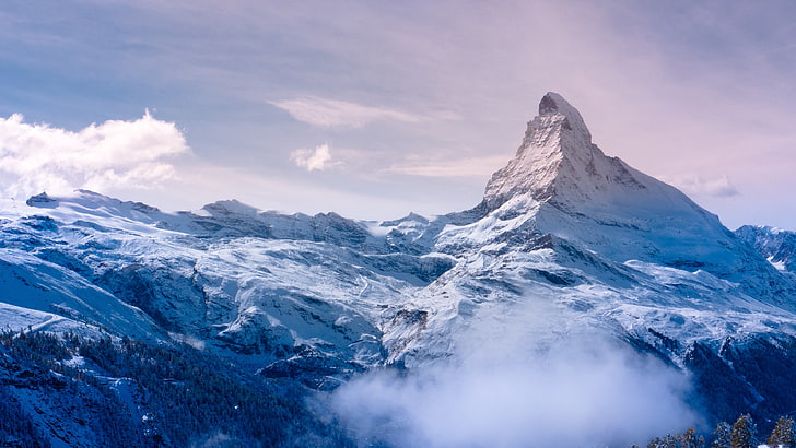 бяла заснежена планина, птичи поглед на планината, Матерхорн, планини, природа, пейзаж, сняг, Швейцария, Алпи, облаци, снежен връх, Европа, швейцарски Алпи, HD тапет