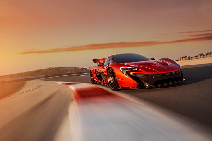 czerwony supersamochód, McLaren P1, samochód sportowy, czerwone samochody, rozmycie ruchu, tory, Tapety HD