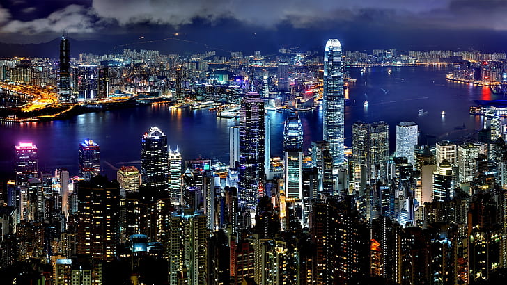 Noc w Hongkongu, Hongkong, w nocy, Tapety HD