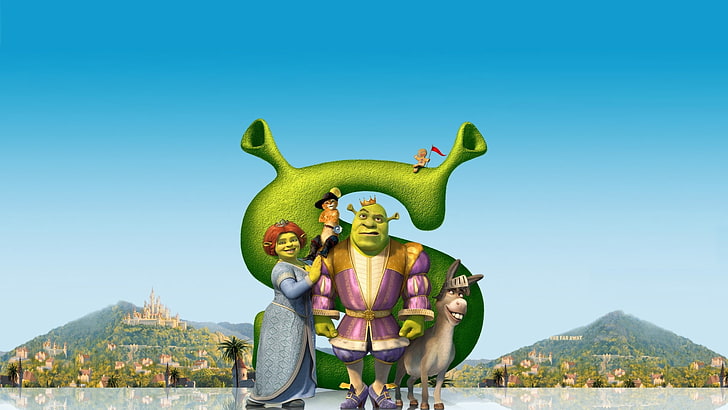 Shrek movie poster, shrek, donkey, fiona, puss in boots, main characters, cartoon, HD wallpaper