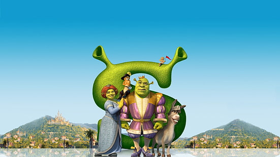 Cartel de la película Shrek, shrek, burro, fiona, gato con botas, personajes principales, dibujos animados, Fondo de pantalla HD HD wallpaper