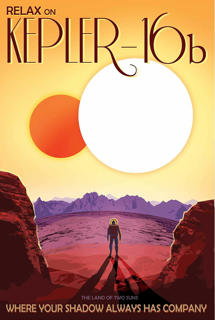 Kepler-16b, space, material style, NASA, science fiction, JPL (Jet Propulsion Laboratory), Travel posters, planet, HD wallpaper