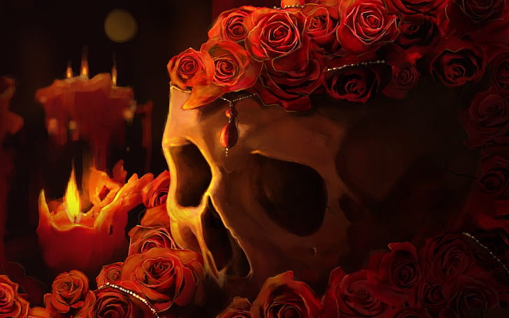 candle, candles, dark, fantasy, fire, goth, gothic, roses, skull, skulls, HD wallpaper