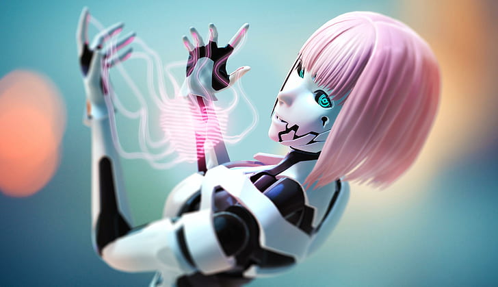 robot, sztuka cyfrowa, różowe włosy, androidy, cyborg, Tapety HD