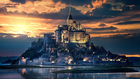 Zamek na wyspie Mont-Saint-Michel 5K, Zamek, Wyspa, Mont-Saint-Michel, Tapety HD HD wallpaper