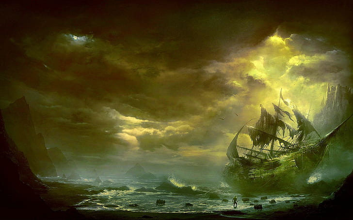 Viagem no mar agitado, navio galeão no corpo de ilustração de água, castelo, pássaros, navio, naufrágio, kentaro kanamoto, nuvens, 3d e abstrato, HD papel de parede