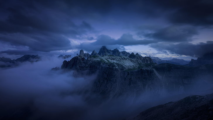 montanha, tarde, crepúsculo, nublado, céu, picos, HD papel de parede