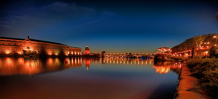 reflection of lighted city buildings on body of water during nighttime, garonne, garonne, Night, reflection, city, buildings, body of water, nighttime, Toulouse, France, Garonne  river, dusk, sunset, reflections, boat, peniche, HDR, Hôpital de la Grave, Pont, St. Pierre, architecture, river, famous Place, water, illuminated, cityscape, urban Scene, bridge - Man Made Structure, europe, HD wallpaper