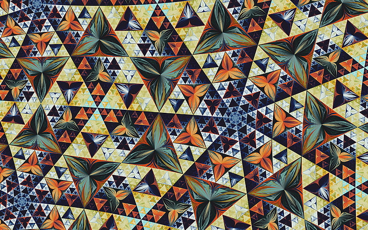 segitiga sierpinski, fraktal, chaotica, kupu-kupu, seni digital, modern, abstrak, warna-warni, hijau, biru, ubin, Zelda, Triforce, oranye, kuning, Wallpaper HD