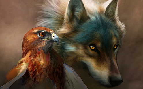 EAGLE AND THE WOLF, golden eagle and brown wolf, wolf, painting, eagle, HD wallpaper HD wallpaper