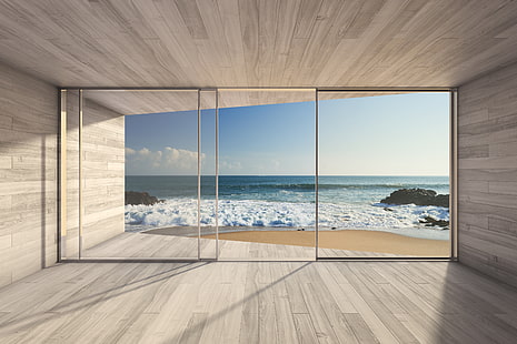 прозорец от прозрачно стъкло, море, стъкло, светлина, стена, HD тапет HD wallpaper