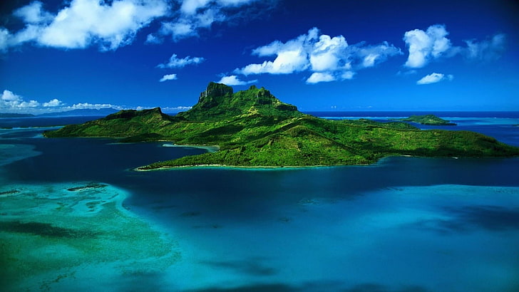 island, blue sky, blue water, cloud, mauritius, ocean, awesome, travel, exotic, holiday, HD wallpaper