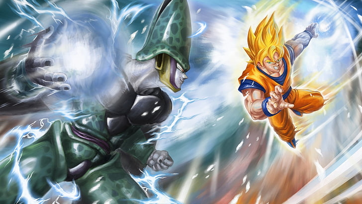 Ilustracja Dragon Ball Cell vs Son Goku, Dragon Ball, Son Goku, Super Saiyan, Cell (postać), Perfect Cell, Tapety HD