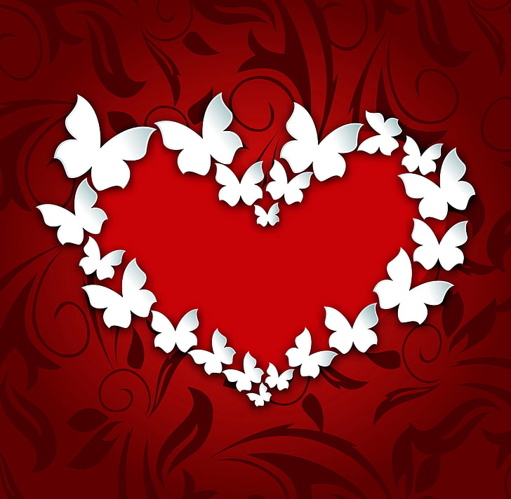 white and red heart illustration, butterfly, heart, love, romantic, Valentine's Day, HD wallpaper