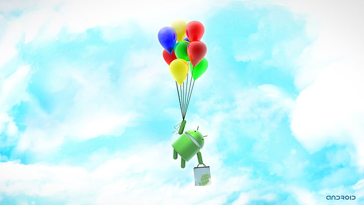 Logo Android con palloncini illustrazione, Android, sistema, robot, nuvole, cielo, palloncini, Sfondo HD