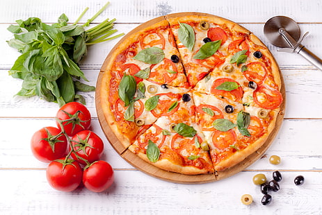 Еда, пицца, оливка, натюрморт, помидор, HD обои HD wallpaper