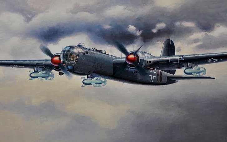 guerra, arte, pittura, aviazione, seconda guerra mondiale, bombardiere tedesco, Heinkel He 177, Sfondo HD