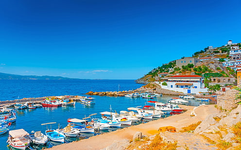 Hydra Island och Grekland Egeiska havet Mellan Saroniska viken och Argolis Bay Bakgrund för skrivbord 3840 × 2400, HD tapet HD wallpaper