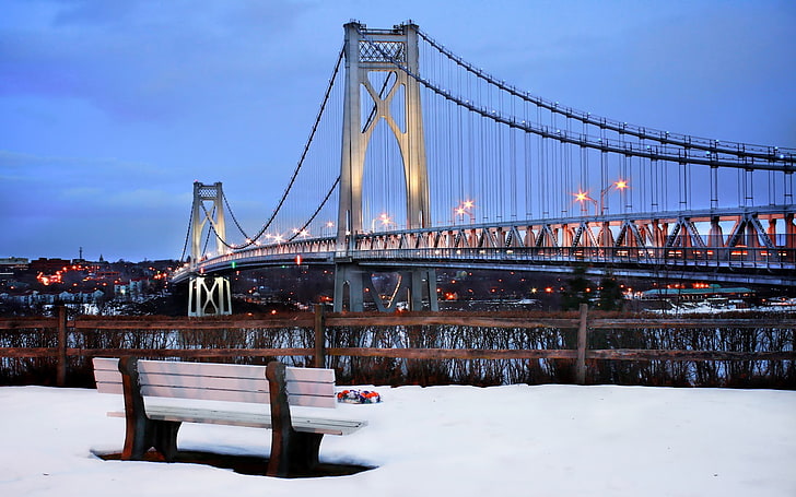 Mid-Hudson Bridge, gray suspension bridge, Cityscapes, New York, cityscape, city, snow, bridge, bench, HD wallpaper