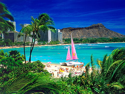 Waikiki، Oahu، هاواي، الشجرات الخضراء، أيضا، البحر الأزرق، هاواي، ويكيكي، oahu، خلفية HD HD wallpaper