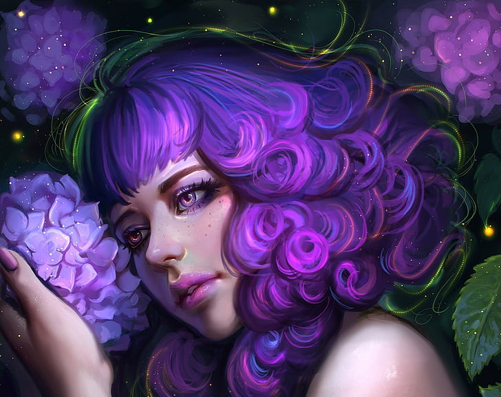 women, fantasy art, artwork, purple hair, curly hair, purple eyes, purple flowers, HD wallpaper