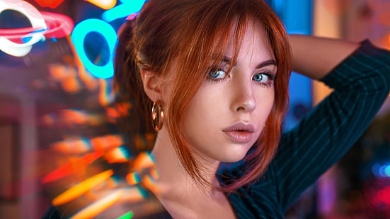  girl, Model, photo, blue eyes, bokeh, lips, face, redhead, portrait, mouth, close up, lipstick, looking at camera, depth of field, neon lights, looking at viewer, juicy lips, hand on head, HD wallpaper HD wallpaper