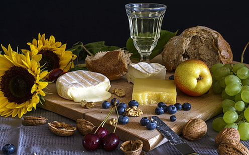natura morta, formaggio, frutti di bosco, cibo, mele, pane, girasoli, uva, Sfondo HD HD wallpaper