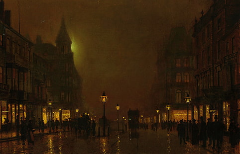 Джон Аткинсон Гримшоу, уличный фонарь, люди, Лондон, рисунок, HD обои HD wallpaper