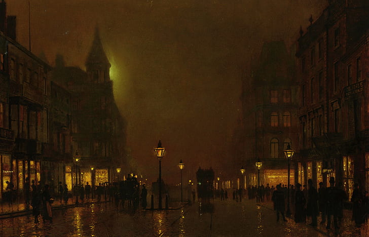 Лондон, рисунок, уличный фонарь, люди, Джон Аткинсон Гримшоу, HD обои
