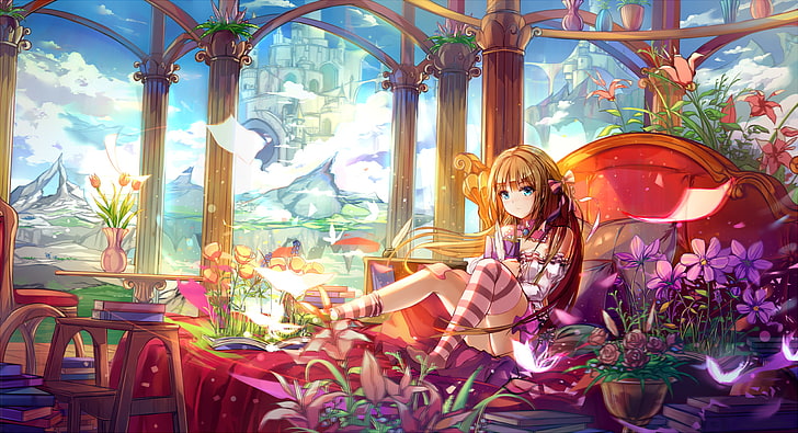Anime Mädchen, Schloss, Fantay Landschaft, landschaftlich, Anime, HD-Hintergrundbild