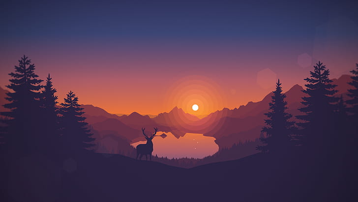 nature, vector, Firewatch, artwork, landscape, drawing, warm colors, animals, hills, pine trees, sunset, lake, digital art, clear sky, deer, silhouette, trees, video games, Lago di Scanno, HD wallpaper