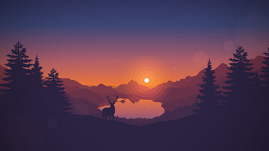 鹿と木、日没、日没、描画、動物、湖、風景、鹿、アートワーク、シルエット、自然、デジタルアート、木、松の木、丘、晴れた空、ベクトル、暖かい色、ファイヤーウォッチ、ビデオゲーム中に森の鹿、スカンノ湖、 HDデスクトップの壁紙 HD wallpaper