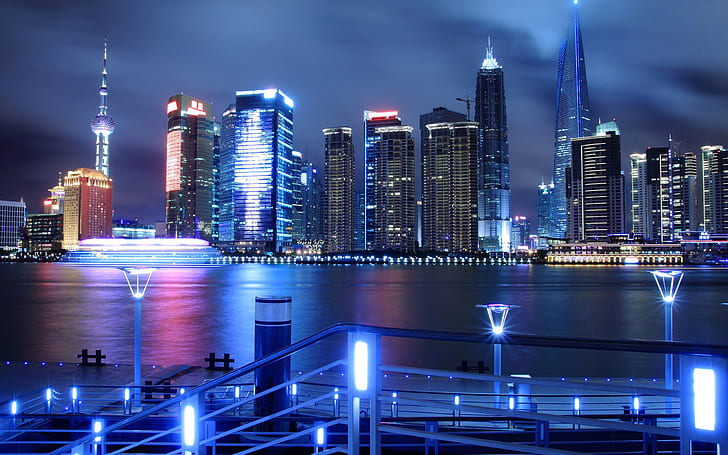 Cina, Shanghai, Pudong, notte, luci, grattacieli, fiume Huangpu, Cina, Shanghai, Pudong, notte, luci, grattacieli, Huangpu, fiume, Sfondo HD