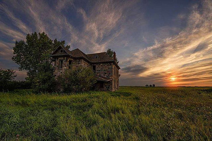 abandoned, farm house, prairie farm, stone house, HD wallpaper