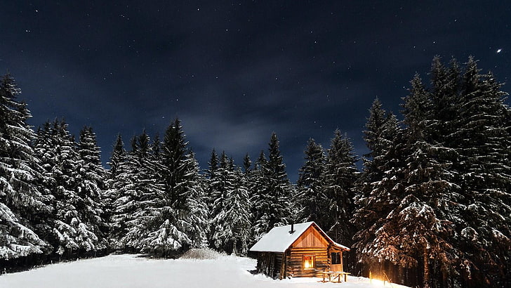 winter, cottage, house, home, starry night, starry, stars, life, HD wallpaper