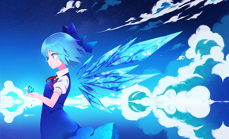 cirno, touhou, clouds, crystal wings, profile view, short hair, Anime, HD wallpaper