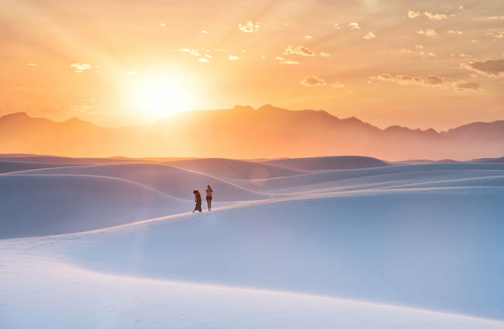 two person on dessert, white sands, white sands, White Sands, Sunset, person, dessert, New Mexico, RR, Daily, Photo, Horizontal, Colour, Color, Day, Outdoor, Outdoors, Sand  Desert, Dusk, Red  White  Blue, Blue  People, Sun, Glow, Bright, El Paso, Sony  ILCE-7RM2, Mountain, Sky, Cloud, Sun Ray, Sand Dunes, nature, adventure, sport, men, people, HD wallpaper