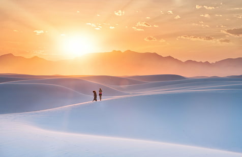 two person on dessert, white sands, white sands, White Sands, Sunset, person, dessert, New Mexico, RR, Daily, Photo, Horizontal, Colour, Color, Day, Outdoor, Outdoors, Sand  Desert, Dusk, Red  White  Blue, Blue  People, Sun, Glow, Bright, El Paso, Sony  ILCE-7RM2, Mountain, Sky, Cloud, Sun Ray, Sand Dunes, nature, adventure, sport, men, people, HD wallpaper HD wallpaper