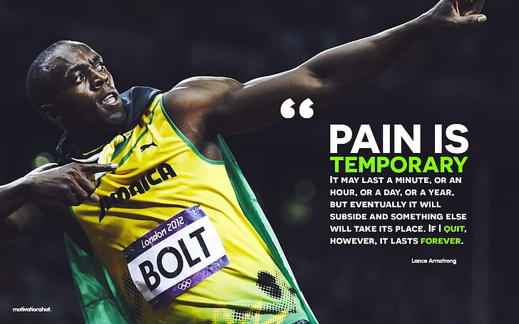 maillot jaune avec superposition de texte, Usain Bolt, en cours d'exécution, de motivation, citation, sport, Fond d'écran HD