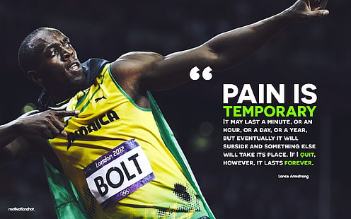 camisa amarela com sobreposição de texto, Usain Bolt, corrida, motivacional, citação, esporte, HD papel de parede HD wallpaper