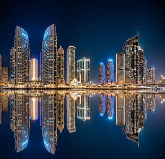 woda, odbicie, budynek, dom, zatoka, Dubaj, miasto nocą, wieżowce, ZEA, Dubai Marina, Evgeni Fabis, Tapety HD HD wallpaper